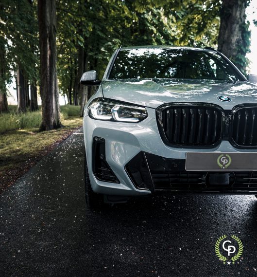 En sølvfarvet BMW X3 parkeret på en våd asfaltsti omkranset af græs og træer og fremviser dens elegante grill og karakteristiske forlygter med en frisk udendørs baggrund.