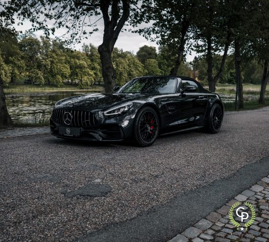 En slank sort Mercedes-Amg Gt C roadster parkeret ved en fredfyldt søbred, der viser sit sporty design og luksuriøse attitude midt i en kulisse af frodige grønne områder.