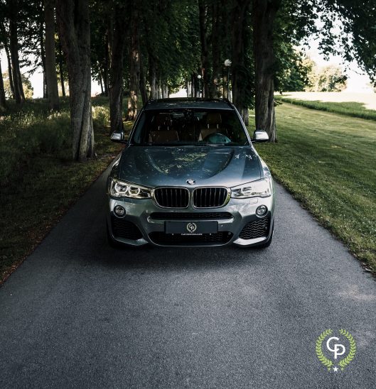 En luksus-SUV, BMW X3, parkeret på en fredfyldt sti med træer, og dens skinnende ydre afspejler den rolige skønhed i en frodig park.