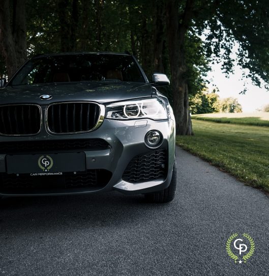 En sølvfarvet BMW X3 SUV med brugerdefineret præstationsmærke, der er parkeret på en træklædt vej, der viser sit slanke design og imponerende frontgitter mod en kulisse af frodige grønne områder.