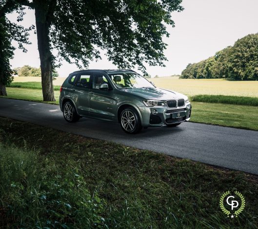 En BMW X3 parkeret på siden af en træklædt vej, udstiller sit sofistikerede design og sporty holdning på baggrund af frodige grønne områder under en klar himmel.